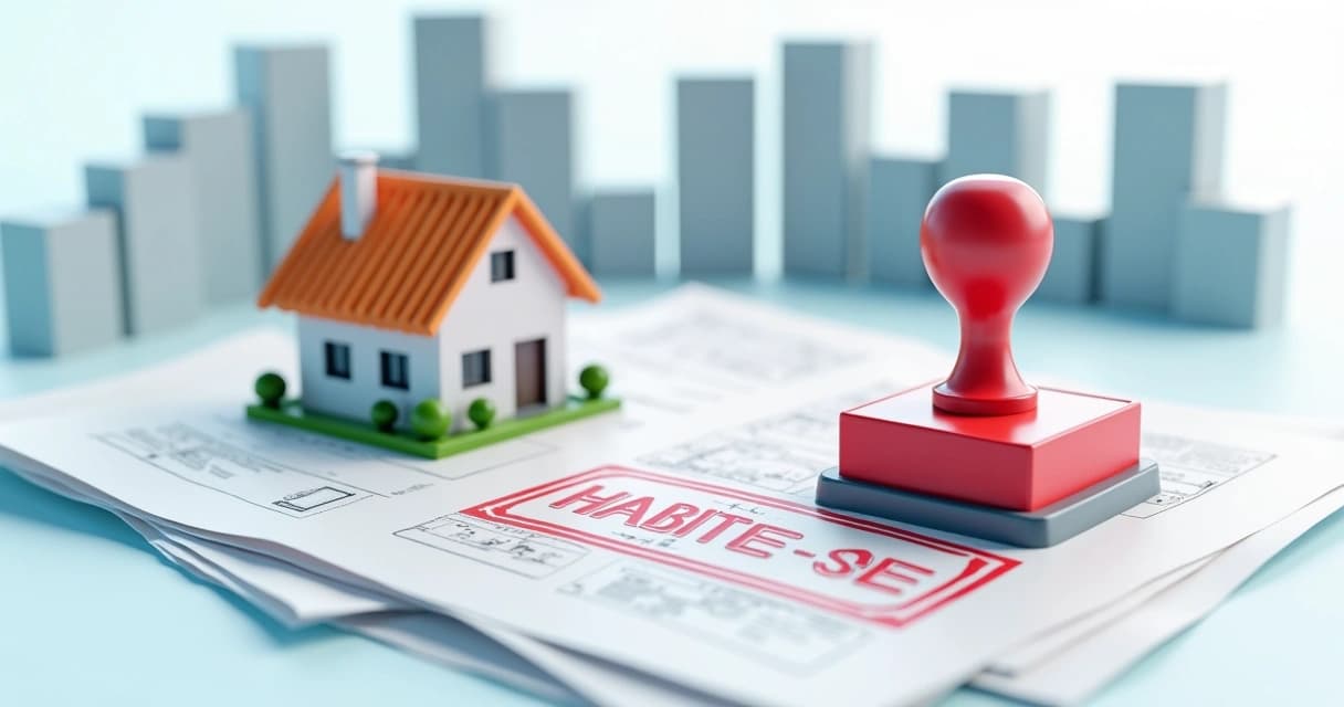 Maquete 3D de imóvel residencial com carimbo de habite-se e documentos ao redor