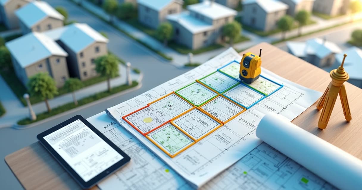 Vista aérea 3D de terreno urbano sendo dividido em novos lotes com planta técnica e equipe de topografia