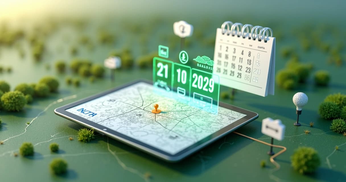 Mapa 3D de área rural com marcos de georreferenciamento e calendário destacando prazo